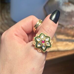 Adjustable Oversized Gold, Green, & Pink Floral Ring
